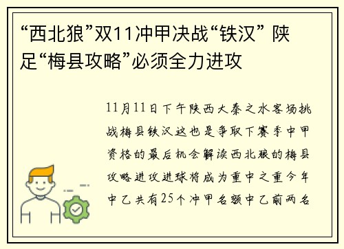 “西北狼”双11冲甲决战“铁汉” 陕足“梅县攻略”必须全力进攻
